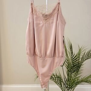 Express Blush Pink Lace-Trim Satin Bodysuit